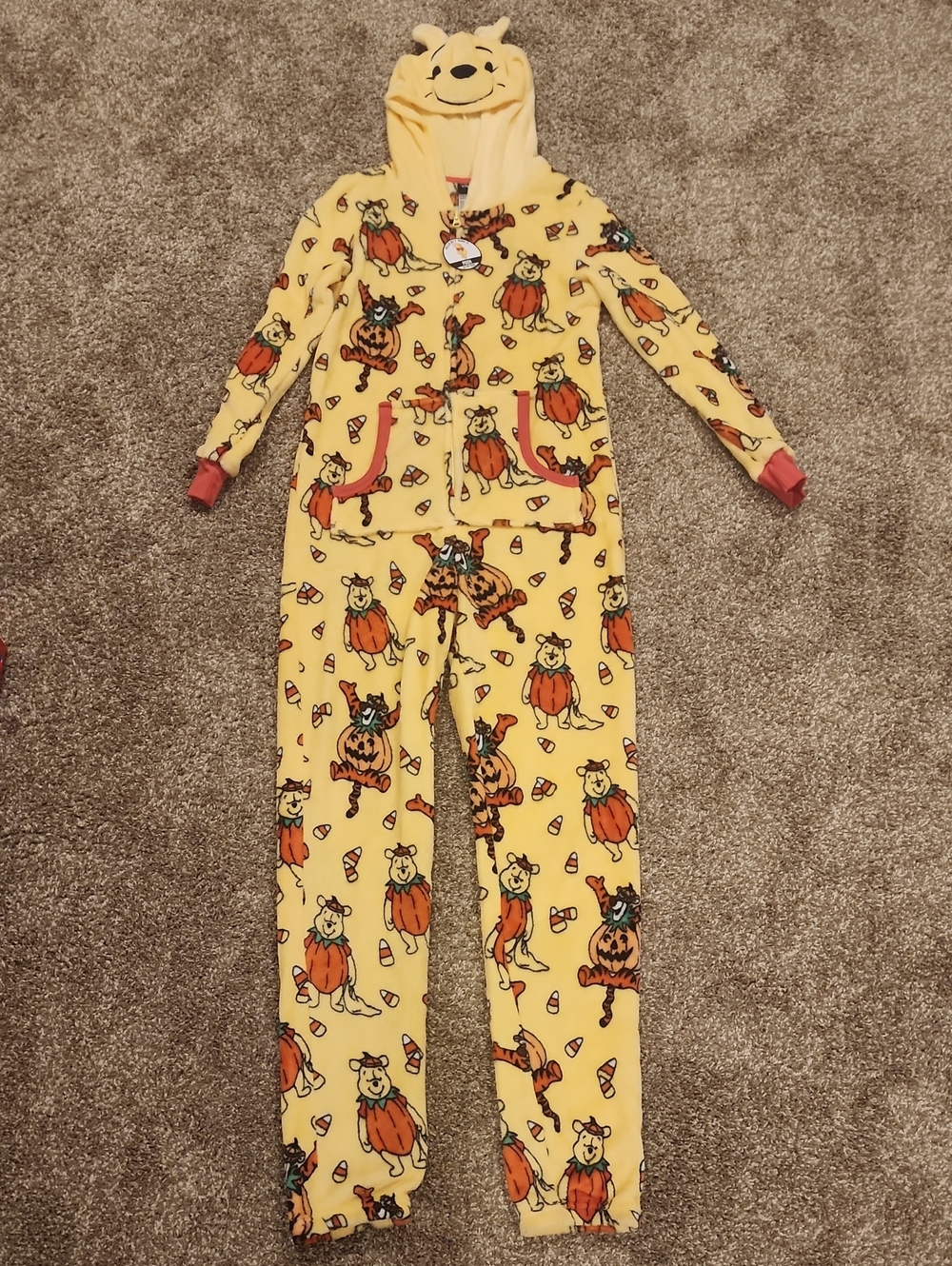 Disney Yellow Winnie the Pooh Pumpkin Pattern Hooded Onesie Pajamas